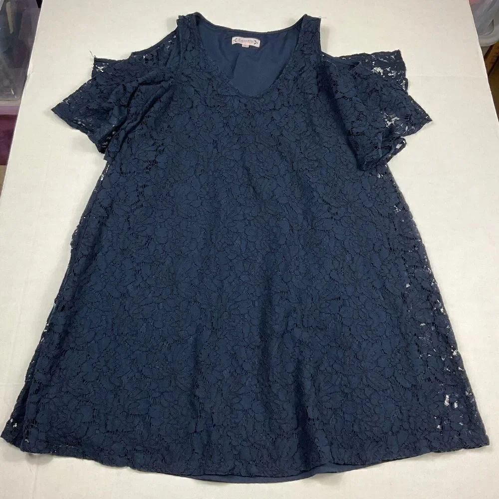 Nanette Lepore Lace Swing Dress Blue Cold Shoulder V-Neck Short Sleeve Size 6